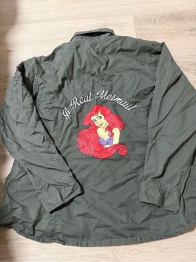 Disney Little Mermaid Olive Green Long Sleeve Button Up Womens Sz L Embroidered